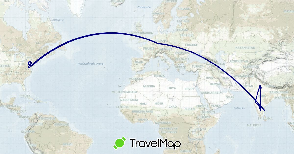 TravelMap itinerary: driving in Germany, India, United States (Asia, Europe, North America)